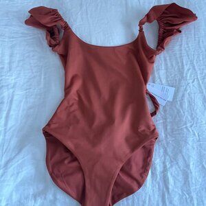 Londre: The Ruffle Shoulder One-Piece in clay; NWT
